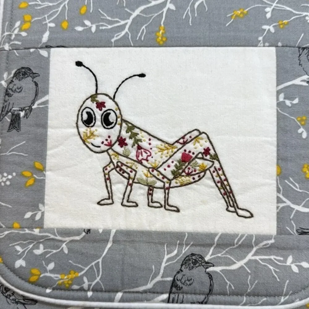Unique Handmade Embroidered Grasshopper Birds Bug Noah Crossbody Bag Pocketbook